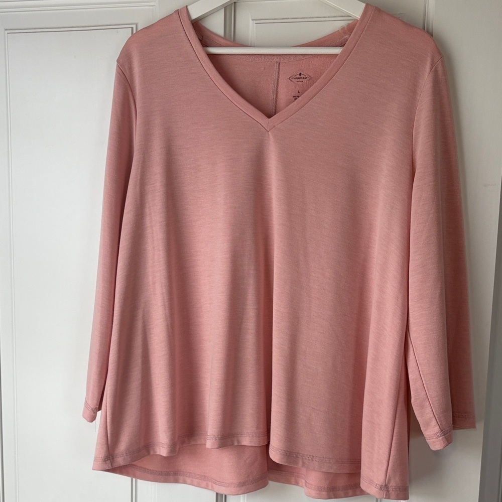St. John's Bay Soft Pink Long Sleeve V-Neck Tee Large Y2K